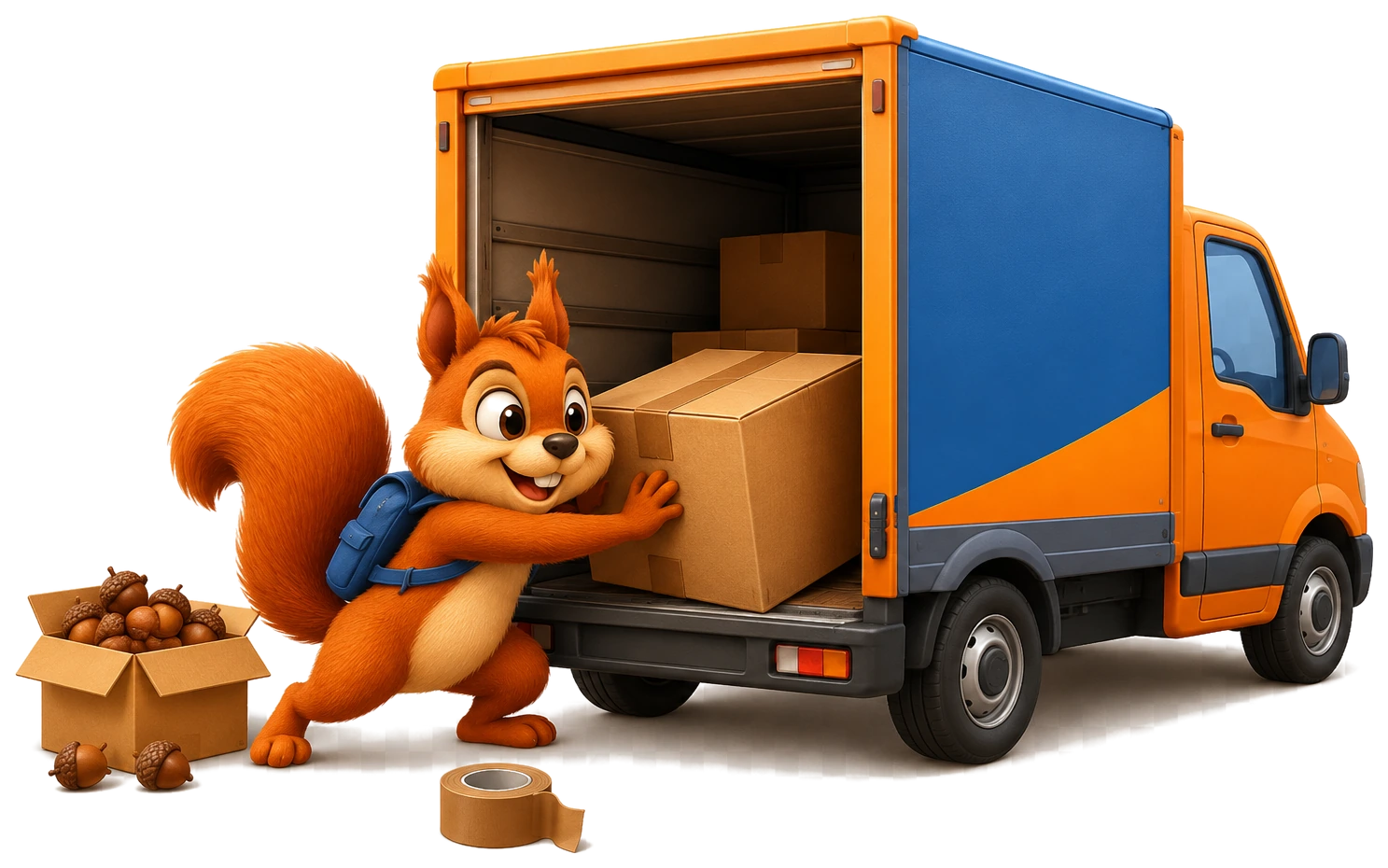 L'écureuil mascotte de Monelio charge un dernier carton, avec des glands, dans un camion de déménagement prêt à partir.